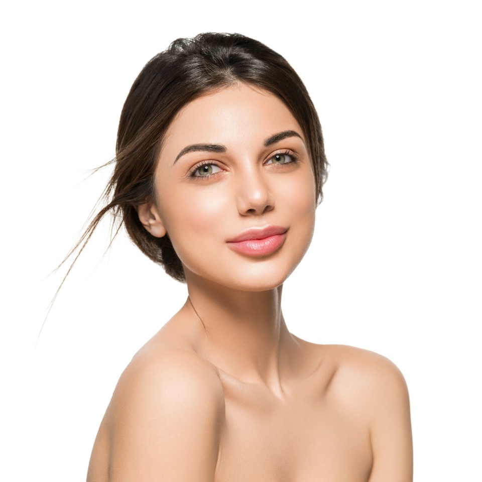 Beautiful woman brunette with natural makeup healthy skin shoulders neck , beauty face isolated on white
