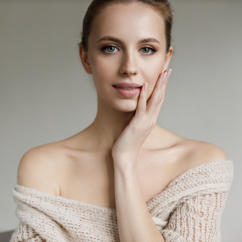 Portrait of a young pretty woman indoor in studio, skin wellness