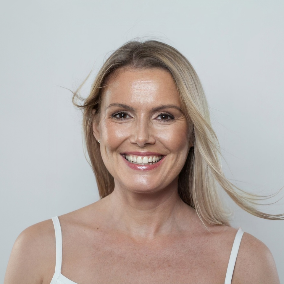 Nice cheerful healthy blonde mid adult mature woman looking at camera on white background. Mature lady portrait. Healthy face, skin care beauty, middle age skincare cosmetic and cosmetology concept