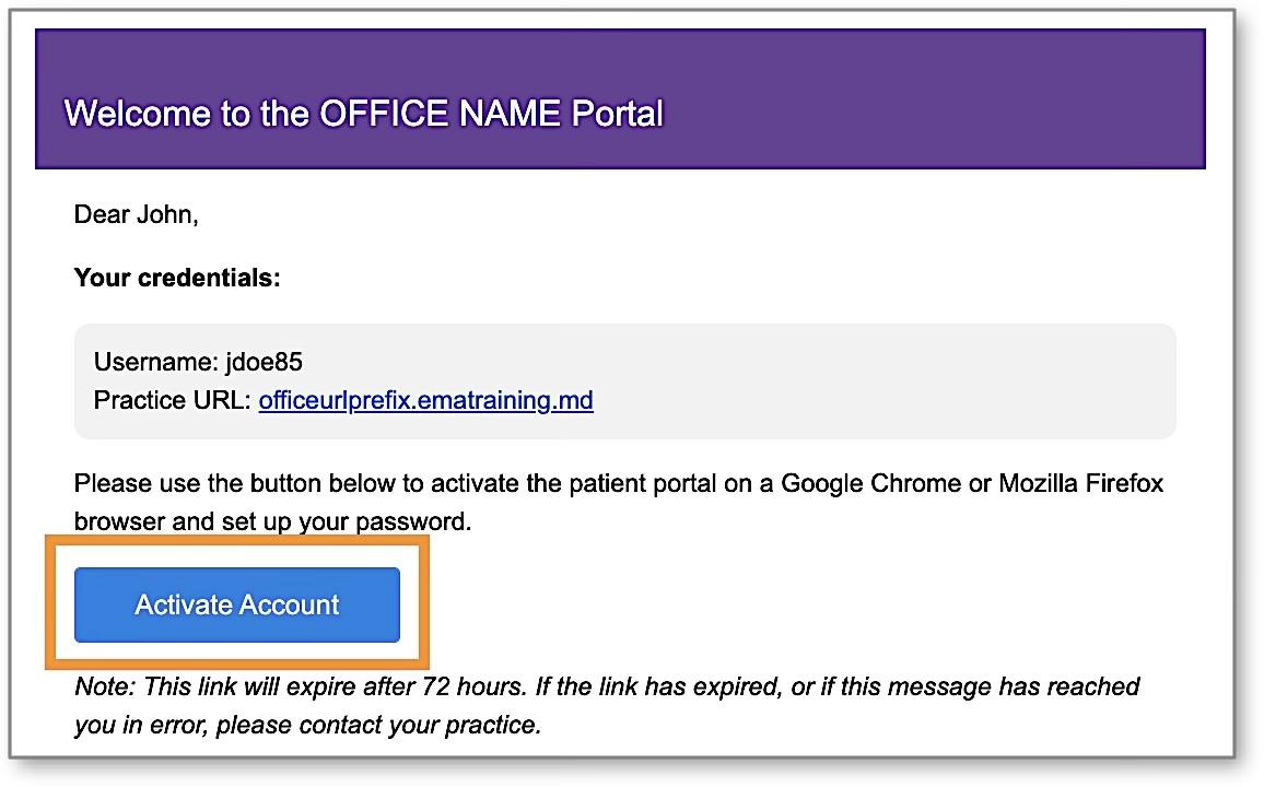 A screenshot of an email from Queen City Dermatology with a highlighted 'Activate Account' button to begin portal registration.