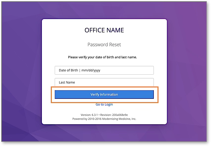 A screenshot of the 'Password Reset' verification form, requiring 'Date of Birth' and 'Last Name' before allowing a password change.