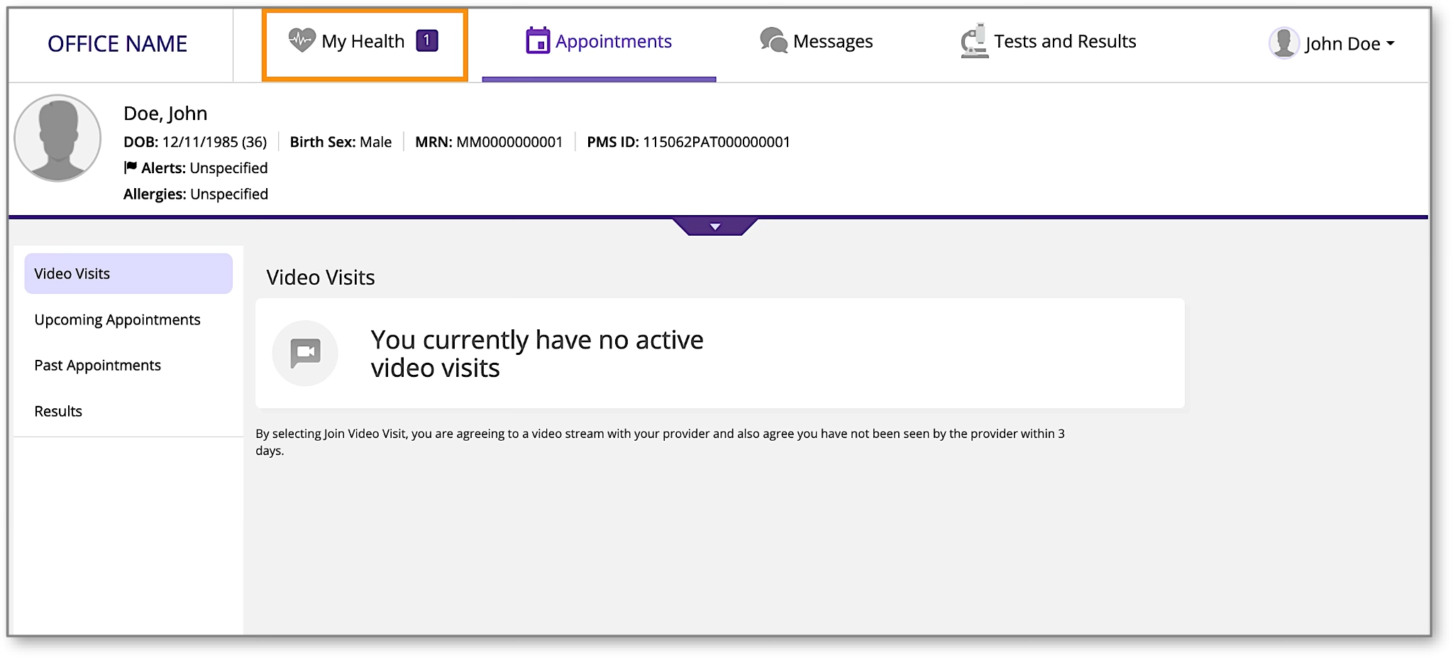 A screenshot of the main navigation bar with the 'My Health' tab selected.