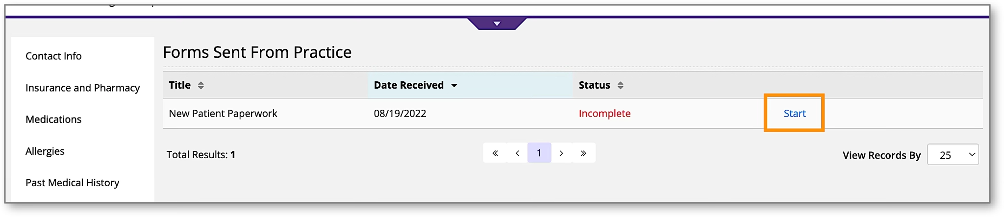 A screenshot of the 'My Forms' page listing assigned forms with a 'Start' button to begin.