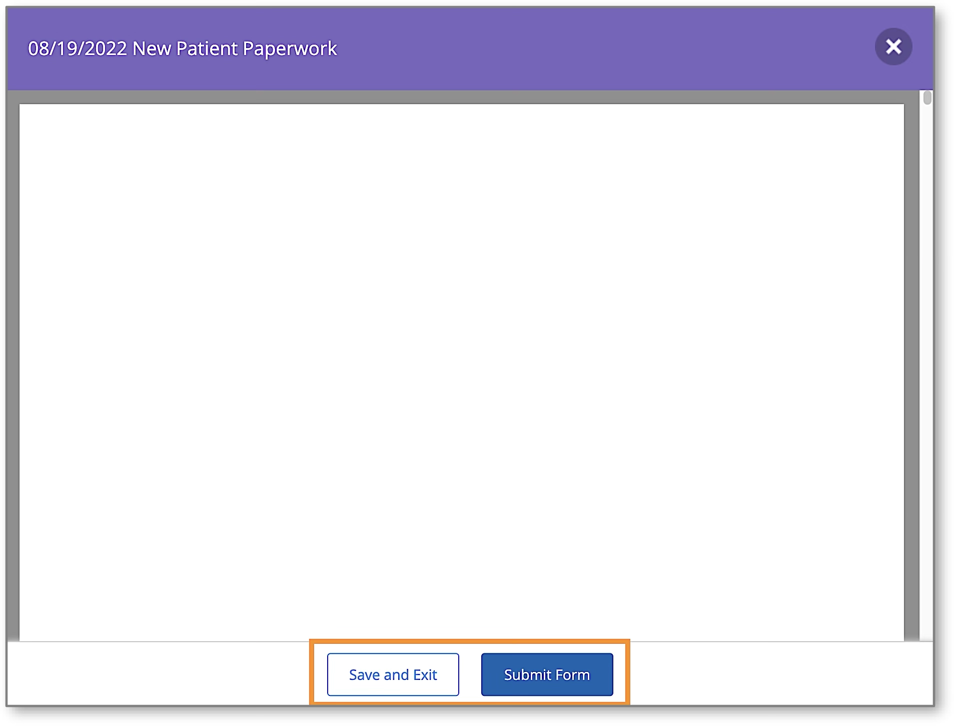 A screenshot of a form displayed in a pop-up window with highlighted 'Save and Exit' and 'Submit Form' buttons.