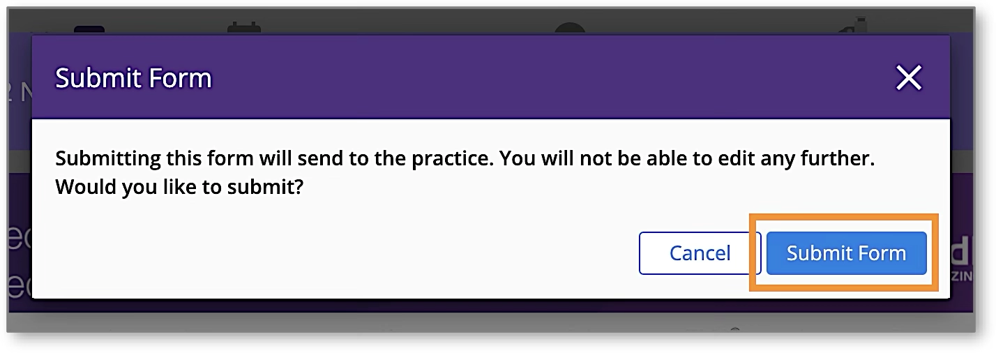 A screenshot of a confirmation pop-up asking the user to confirm form submission, with a highlighted 'Submit Form' button.