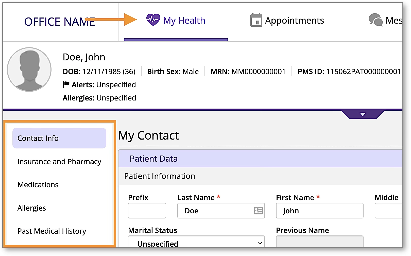 A screenshot of the 'My Health' page showing a menu with various health information sections like 'Contact Info', 'Medications', and 'Allergies'.