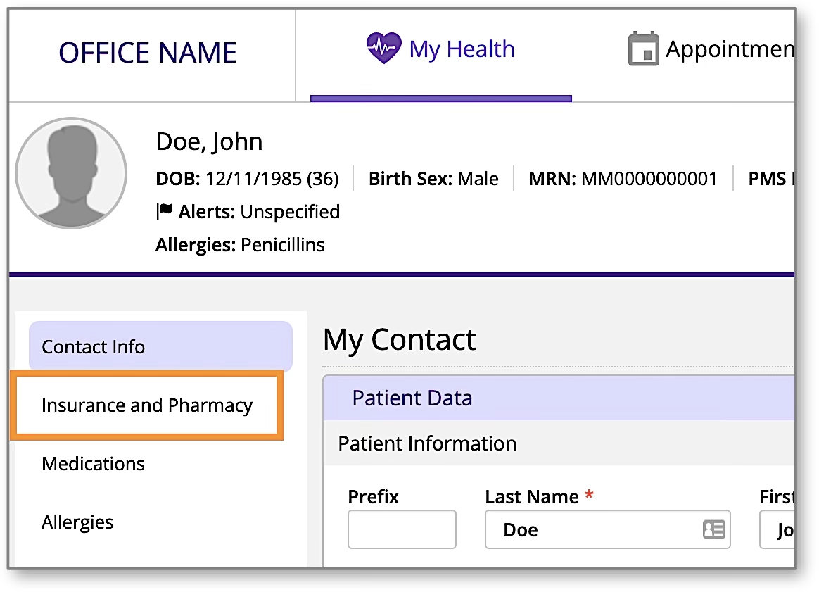A screenshot of the 'My Health' menu with the 'Insurance and Pharmacy' option highlighted.