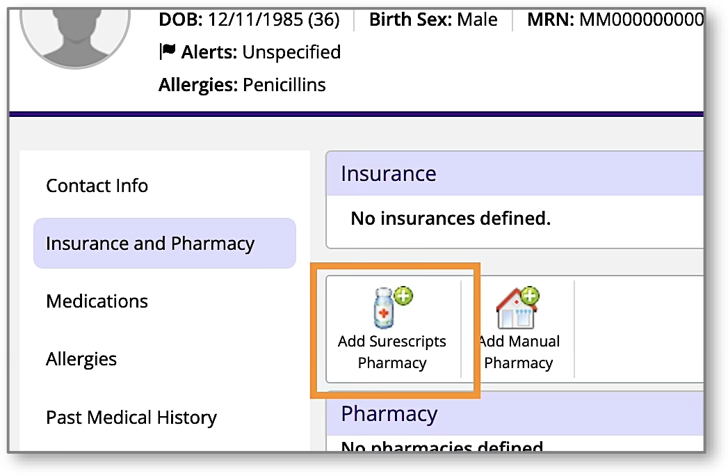 A screenshot of the pharmacy section showing options to add a Surescripts or manual pharmacy.
