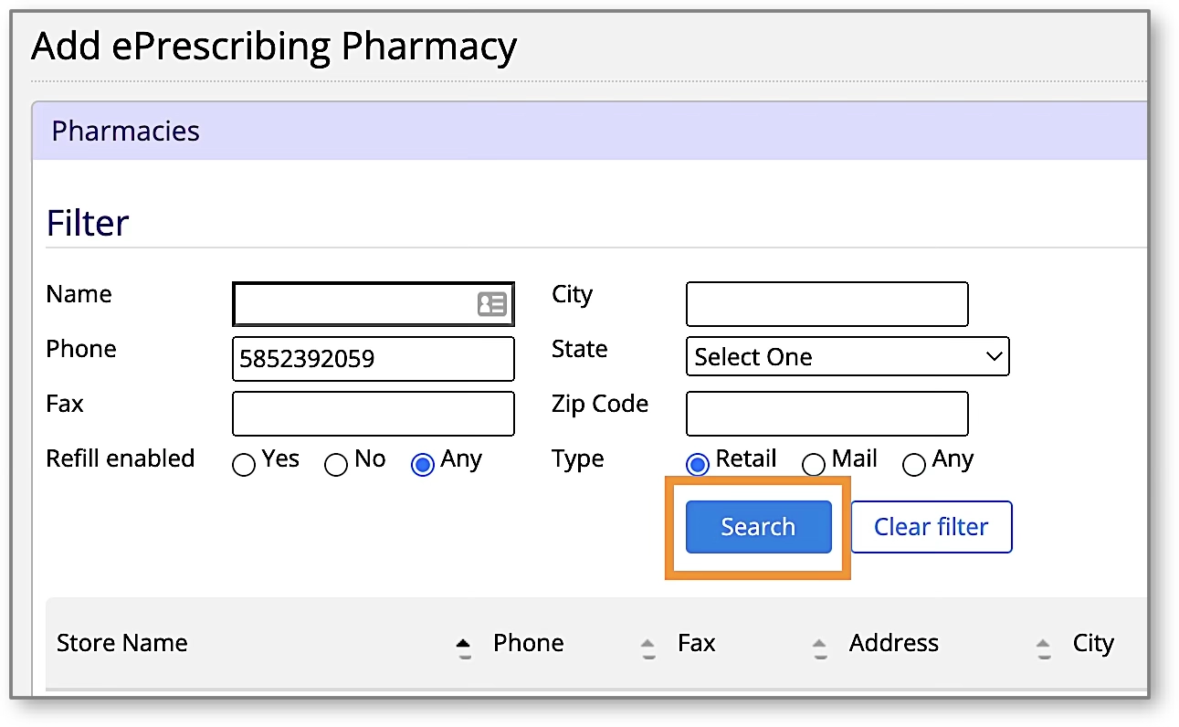 A screenshot of the pharmacy search page with filters for name, city, state, and zip code.