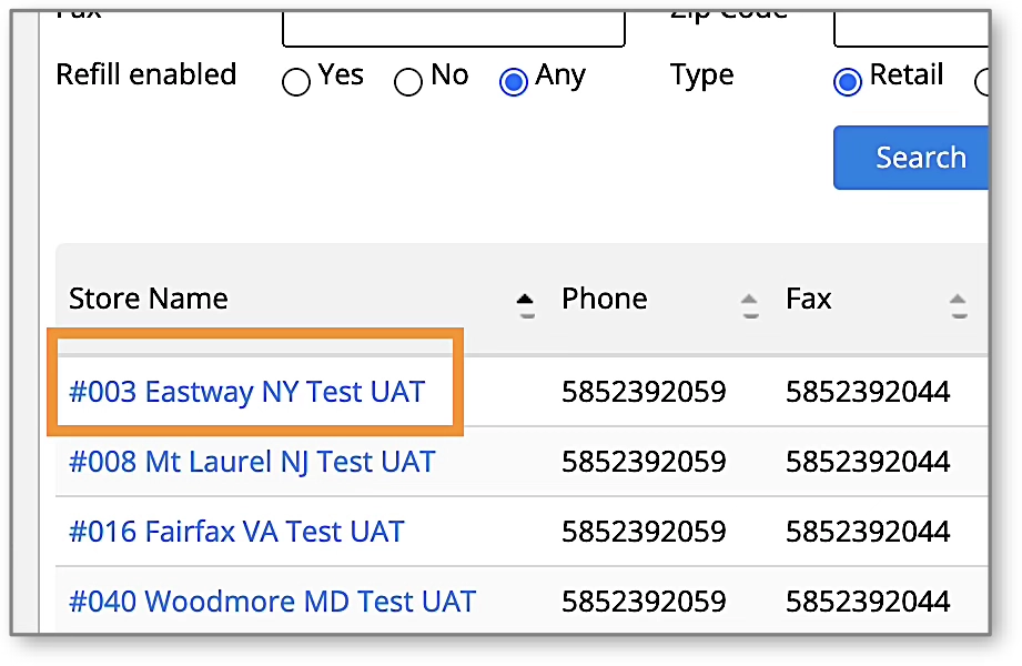 A screenshot of the pharmacy search results page, displaying a list of pharmacy names, phones, and faxes.