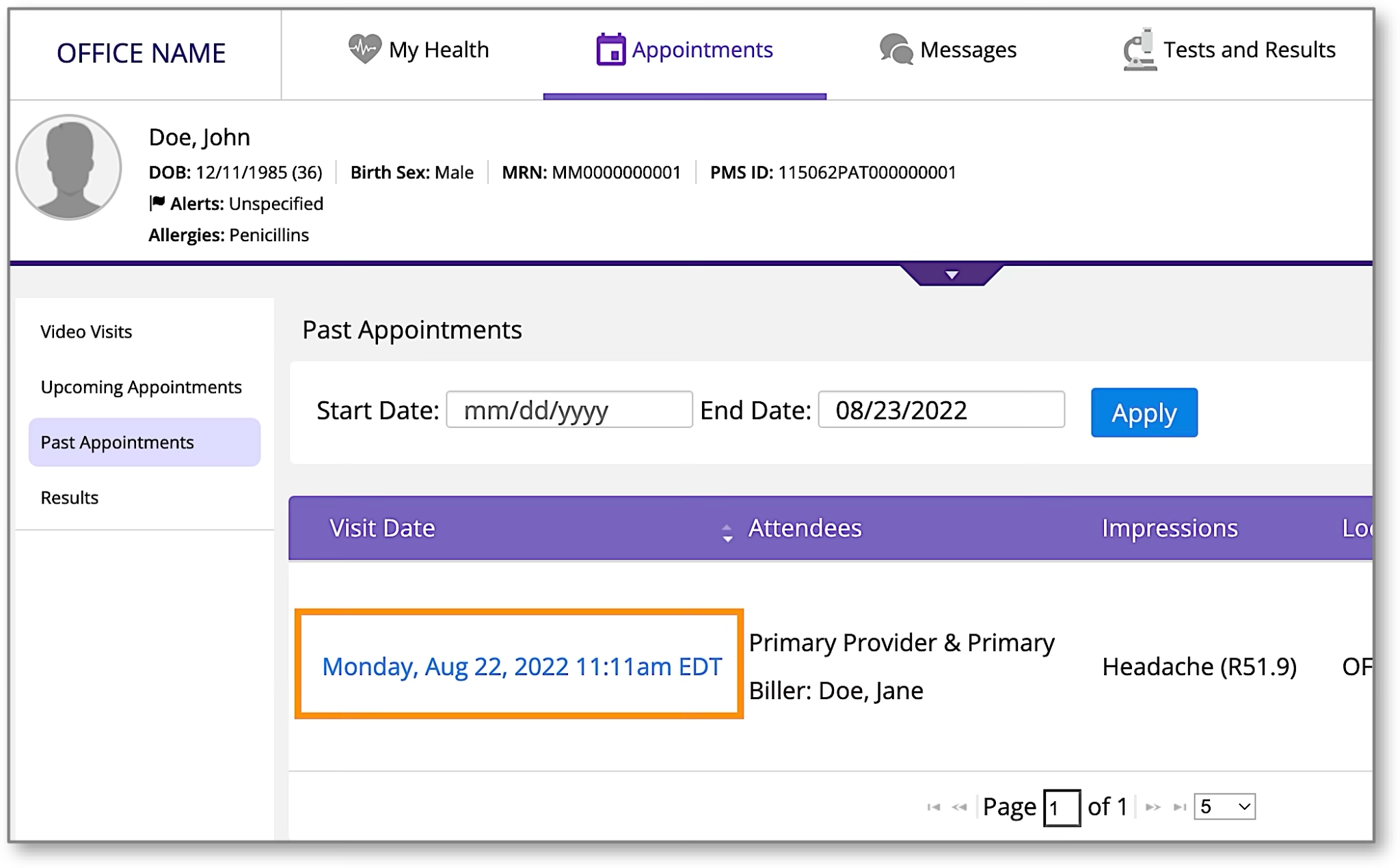 A screenshot of a list of past appointments showing a highlighted blue hyperlink for a specific visit date.