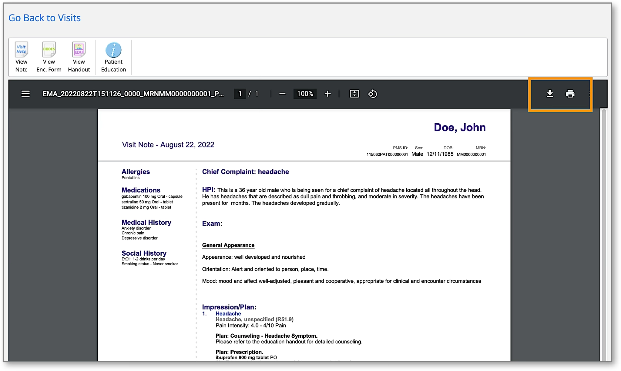 A screenshot of a patient's medical visit note displayed in a PDF viewer within a web browser.