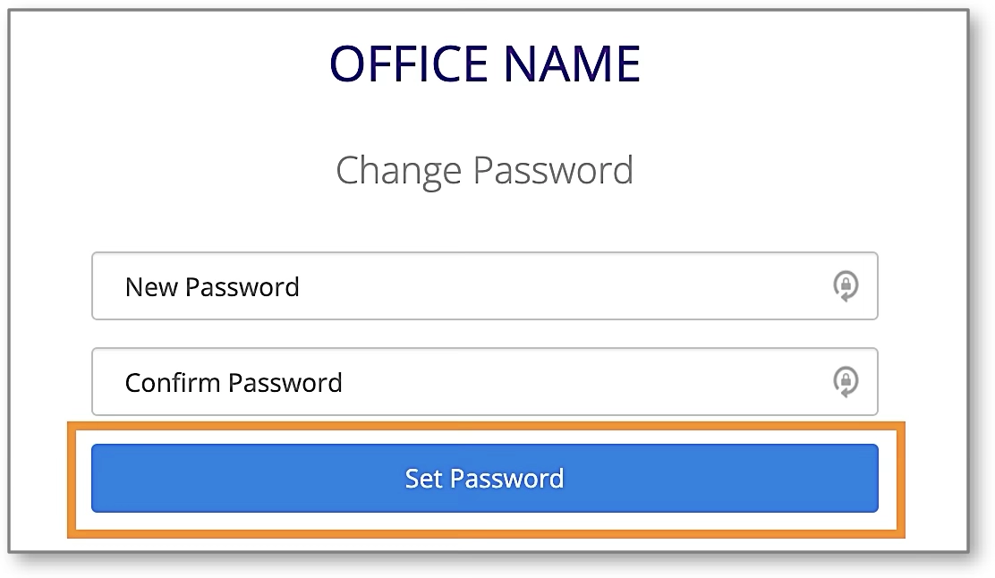A screenshot of the 'Change Password' screen with input fields for 'New Password' and 'Confirm Password' and a 'Set Password' button.