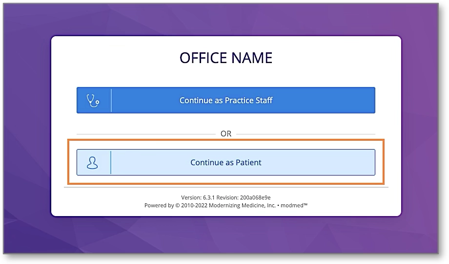 A screenshot of the portal's initial login screen, showing options to 'Continue as Practice Staff' or 'Continue as Patient,' with 'Continue as Patient' highlighted.