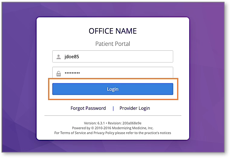 A screenshot of the patient portal login page, showing text fields for 'Username' and 'Password' and a 'Login' button.