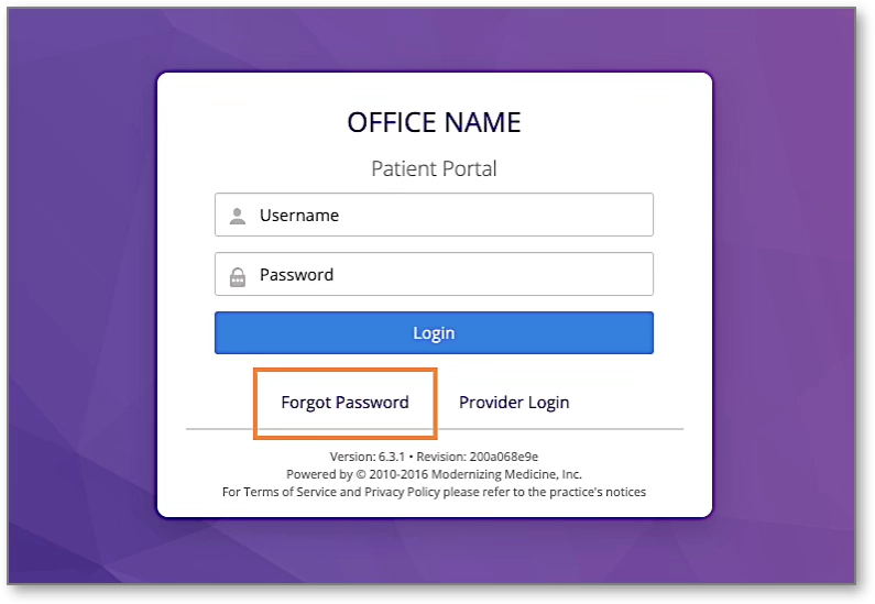 A screenshot of the patient portal login page, highlighting the 'Forgot Password' link below the login button.