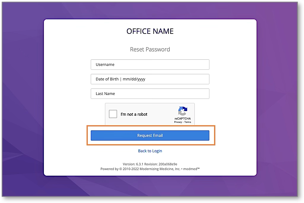 A screenshot of the 'Reset Password' form, with fields for 'Username,' 'Date of Birth,' and 'Last Name' and a 'Request Email' button.