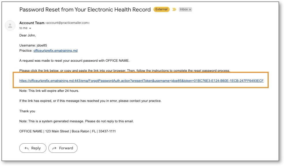A screenshot of a password reset email from the Electronic Health Record, with a long reset link highlighted.