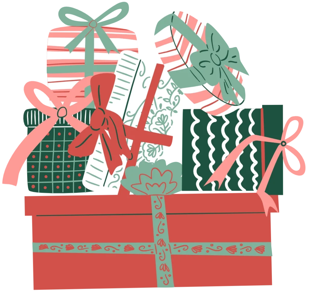 A stack of variously shaped and decorated gift boxes wrapped in red, green, and white paper with bows and ribbons.